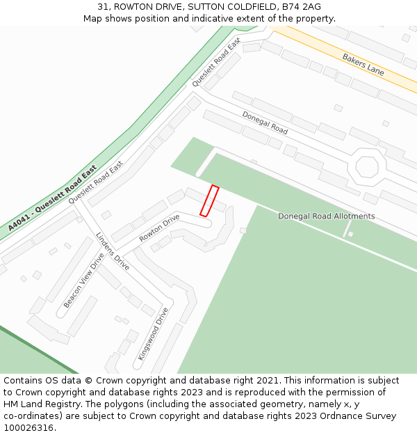 31, ROWTON DRIVE, SUTTON COLDFIELD, B74 2AG: Location map and indicative extent of plot