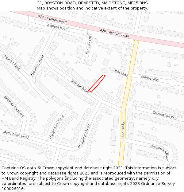 31, ROYSTON ROAD, BEARSTED, MAIDSTONE, ME15 8NS: Location map and indicative extent of plot