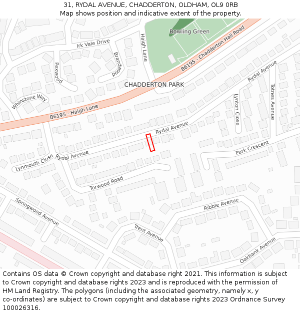 31, RYDAL AVENUE, CHADDERTON, OLDHAM, OL9 0RB: Location map and indicative extent of plot