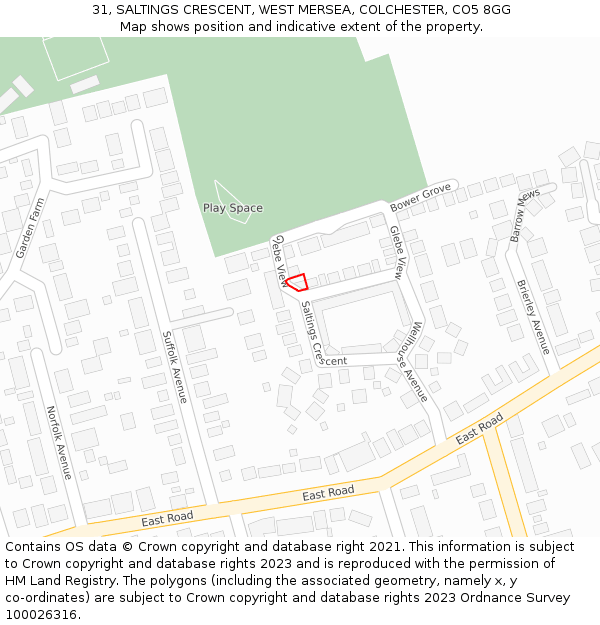 31, SALTINGS CRESCENT, WEST MERSEA, COLCHESTER, CO5 8GG: Location map and indicative extent of plot