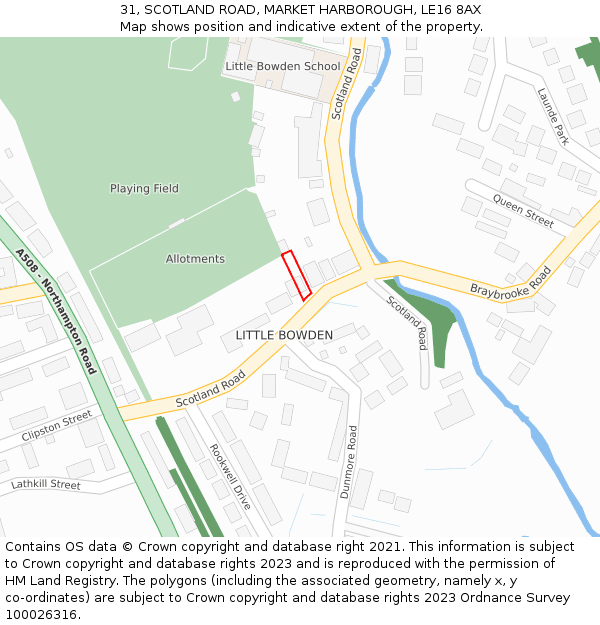 31, SCOTLAND ROAD, MARKET HARBOROUGH, LE16 8AX: Location map and indicative extent of plot