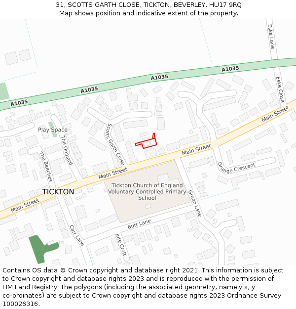 31, SCOTTS GARTH CLOSE, TICKTON, BEVERLEY, HU17 9RQ: Location map and indicative extent of plot