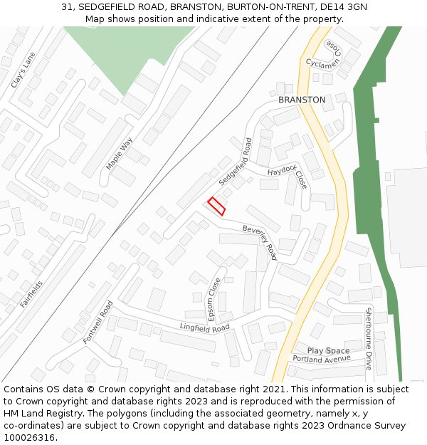 31, SEDGEFIELD ROAD, BRANSTON, BURTON-ON-TRENT, DE14 3GN: Location map and indicative extent of plot