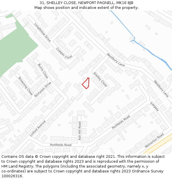 31, SHELLEY CLOSE, NEWPORT PAGNELL, MK16 8JB: Location map and indicative extent of plot