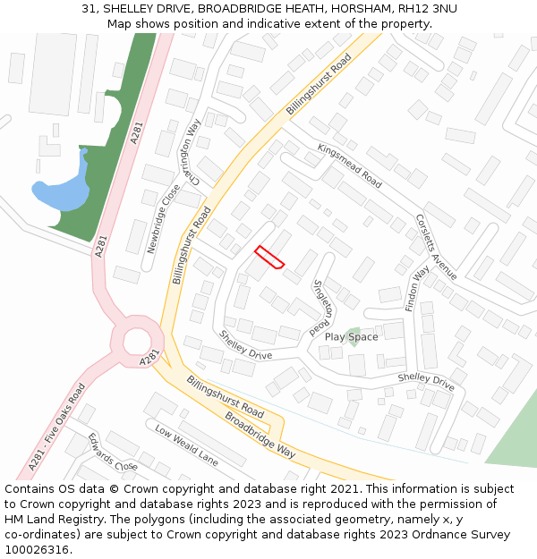 31, SHELLEY DRIVE, BROADBRIDGE HEATH, HORSHAM, RH12 3NU: Location map and indicative extent of plot