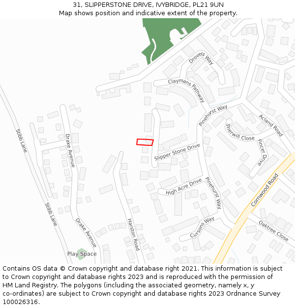 31, SLIPPERSTONE DRIVE, IVYBRIDGE, PL21 9UN: Location map and indicative extent of plot