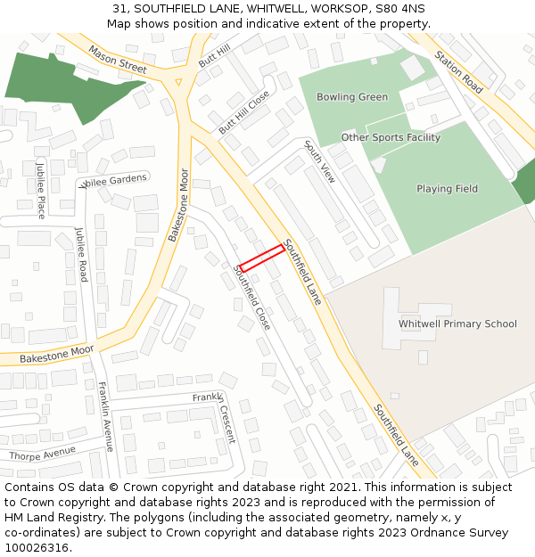 31, SOUTHFIELD LANE, WHITWELL, WORKSOP, S80 4NS: Location map and indicative extent of plot