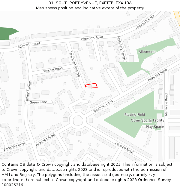 31, SOUTHPORT AVENUE, EXETER, EX4 1RA: Location map and indicative extent of plot