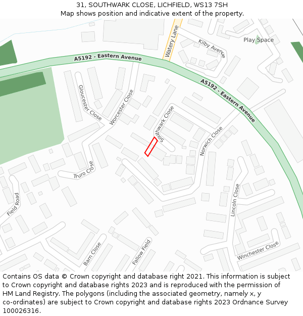 31, SOUTHWARK CLOSE, LICHFIELD, WS13 7SH: Location map and indicative extent of plot