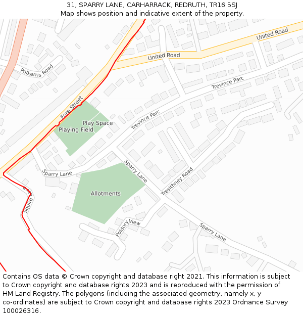 31, SPARRY LANE, CARHARRACK, REDRUTH, TR16 5SJ: Location map and indicative extent of plot