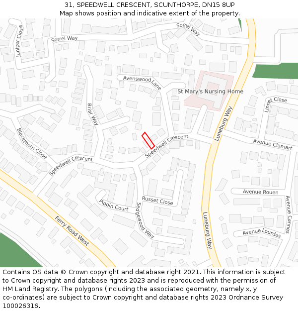 31, SPEEDWELL CRESCENT, SCUNTHORPE, DN15 8UP: Location map and indicative extent of plot