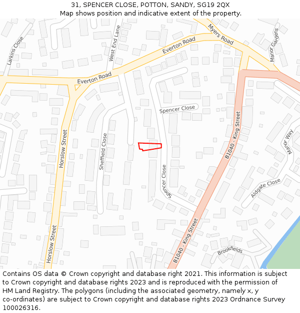 31, SPENCER CLOSE, POTTON, SANDY, SG19 2QX: Location map and indicative extent of plot