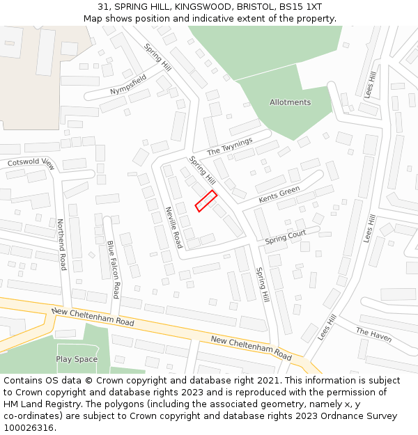 31, SPRING HILL, KINGSWOOD, BRISTOL, BS15 1XT: Location map and indicative extent of plot