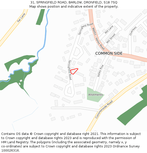 31, SPRINGFIELD ROAD, BARLOW, DRONFIELD, S18 7SQ: Location map and indicative extent of plot