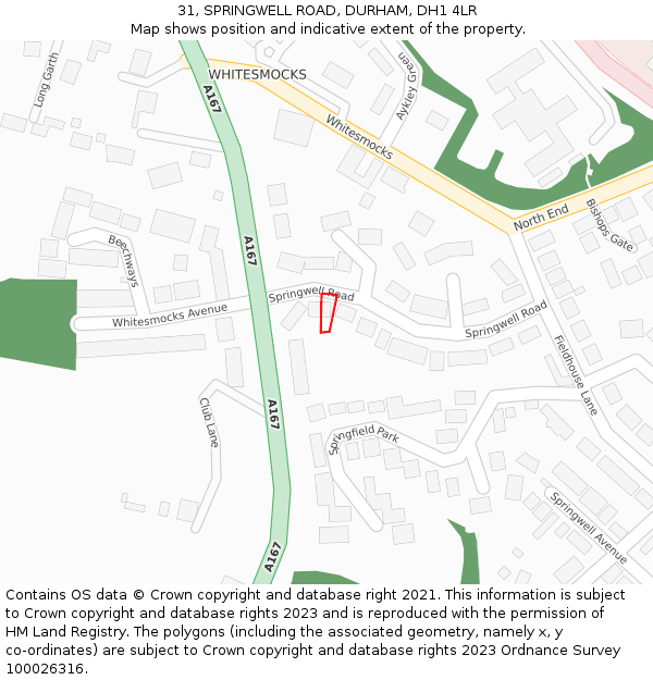 31, SPRINGWELL ROAD, DURHAM, DH1 4LR: Location map and indicative extent of plot