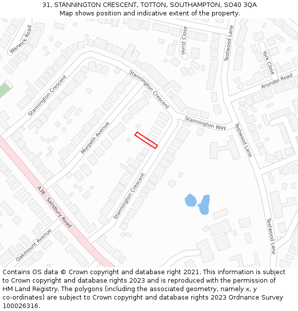 31, STANNINGTON CRESCENT, TOTTON, SOUTHAMPTON, SO40 3QA: Location map and indicative extent of plot