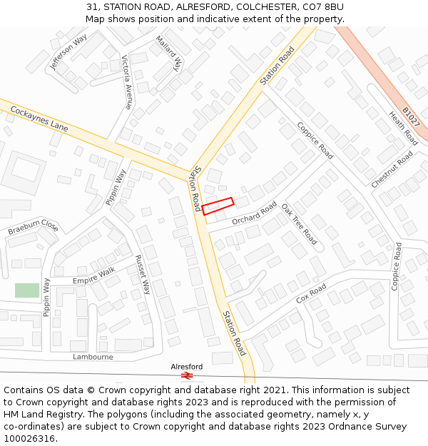 31, STATION ROAD, ALRESFORD, COLCHESTER, CO7 8BU: Location map and indicative extent of plot