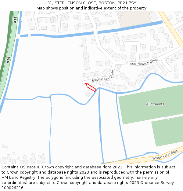 31, STEPHENSON CLOSE, BOSTON, PE21 7SY: Location map and indicative extent of plot