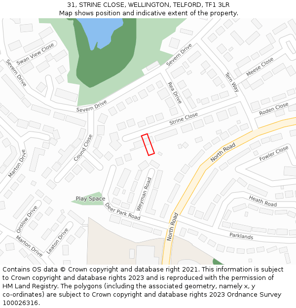 31, STRINE CLOSE, WELLINGTON, TELFORD, TF1 3LR: Location map and indicative extent of plot