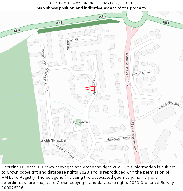 31, STUART WAY, MARKET DRAYTON, TF9 3TT: Location map and indicative extent of plot