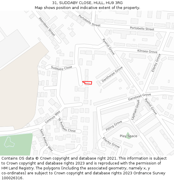 31, SUDDABY CLOSE, HULL, HU9 3RG: Location map and indicative extent of plot