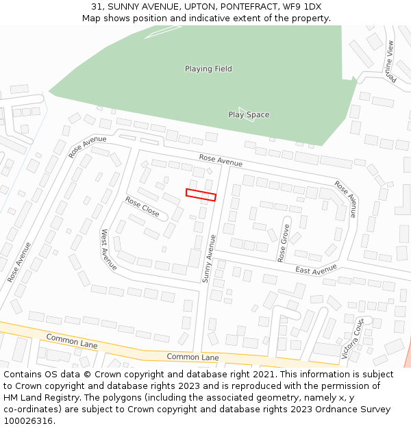 31, SUNNY AVENUE, UPTON, PONTEFRACT, WF9 1DX: Location map and indicative extent of plot