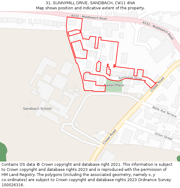 31, SUNNYMILL DRIVE, SANDBACH, CW11 4NA: Location map and indicative extent of plot