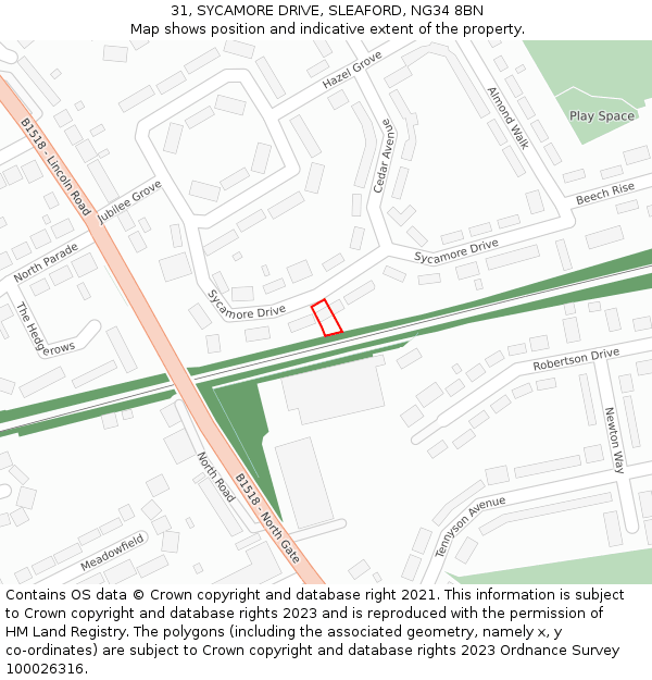 31, SYCAMORE DRIVE, SLEAFORD, NG34 8BN: Location map and indicative extent of plot