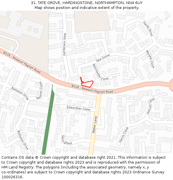 31, TATE GROVE, HARDINGSTONE, NORTHAMPTON, NN4 6UY: Location map and indicative extent of plot