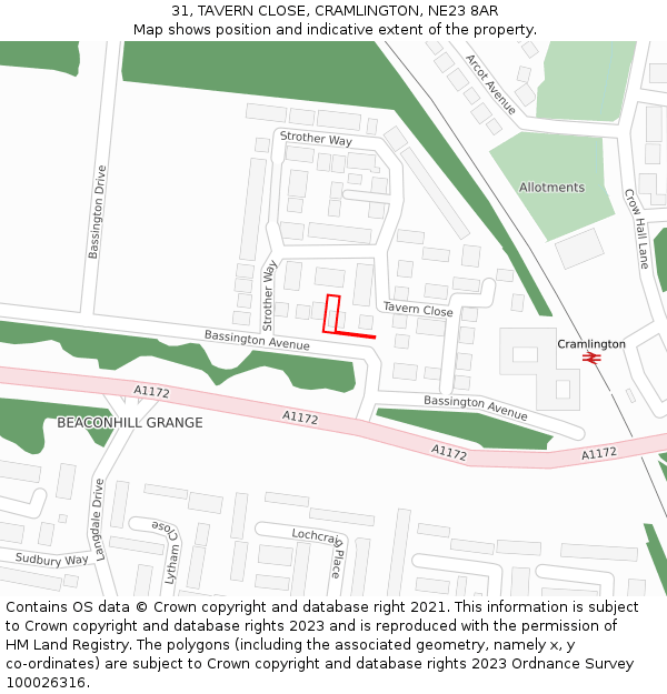 31, TAVERN CLOSE, CRAMLINGTON, NE23 8AR: Location map and indicative extent of plot