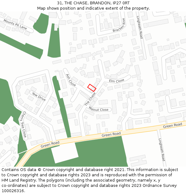 31, THE CHASE, BRANDON, IP27 0RT: Location map and indicative extent of plot