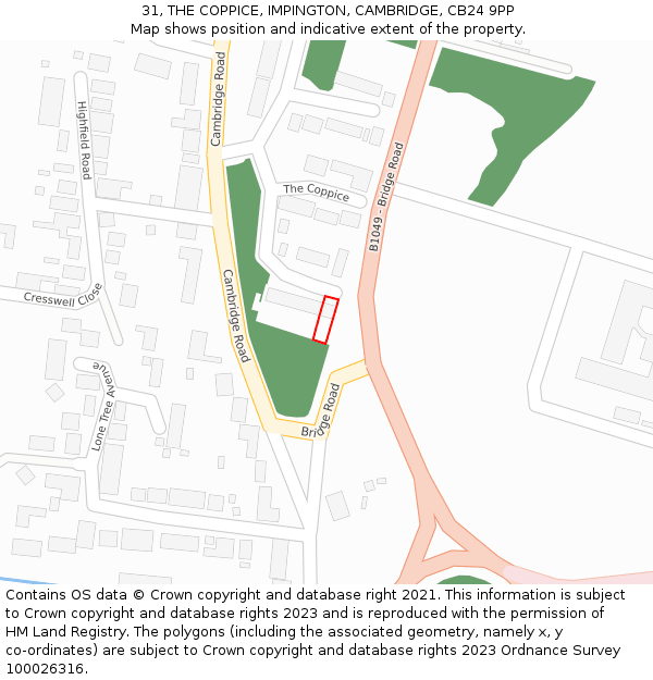 31, THE COPPICE, IMPINGTON, CAMBRIDGE, CB24 9PP: Location map and indicative extent of plot