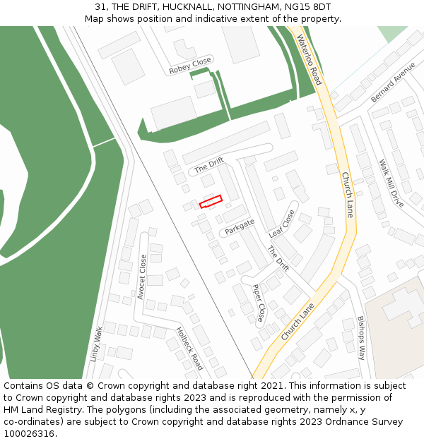 31, THE DRIFT, HUCKNALL, NOTTINGHAM, NG15 8DT: Location map and indicative extent of plot