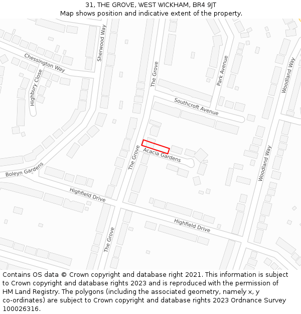 31, THE GROVE, WEST WICKHAM, BR4 9JT: Location map and indicative extent of plot