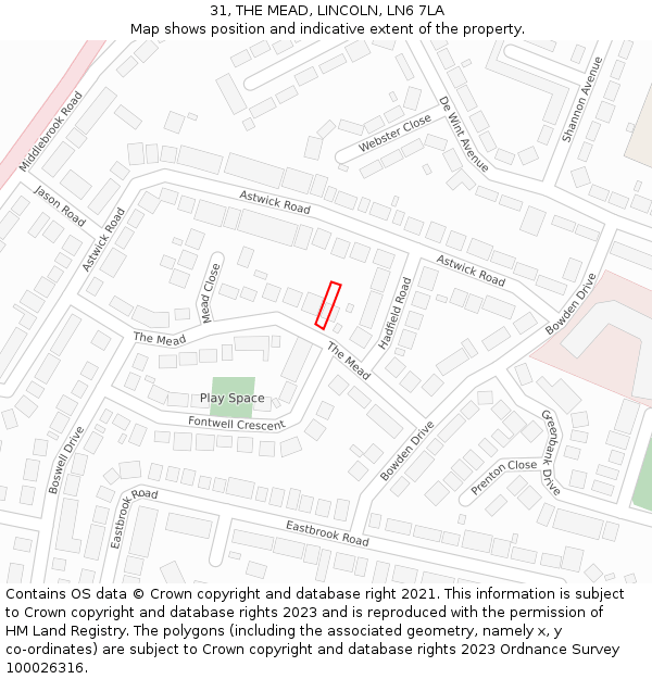 31, THE MEAD, LINCOLN, LN6 7LA: Location map and indicative extent of plot