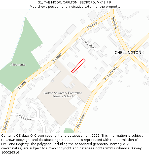 31, THE MOOR, CARLTON, BEDFORD, MK43 7JR: Location map and indicative extent of plot