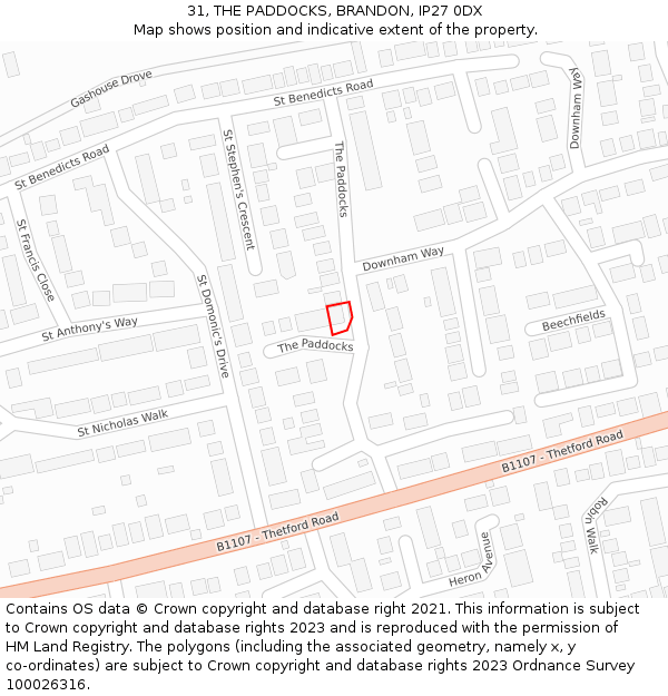 31, THE PADDOCKS, BRANDON, IP27 0DX: Location map and indicative extent of plot