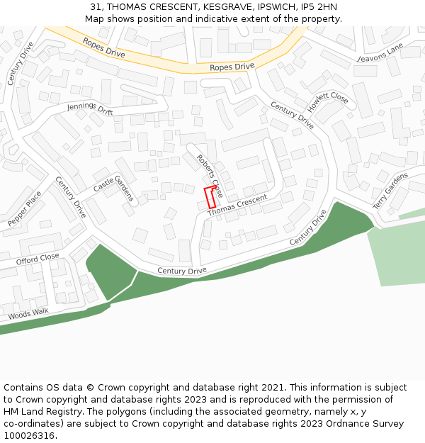 31, THOMAS CRESCENT, KESGRAVE, IPSWICH, IP5 2HN: Location map and indicative extent of plot