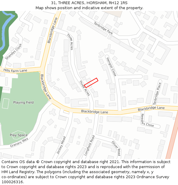 31, THREE ACRES, HORSHAM, RH12 1RS: Location map and indicative extent of plot