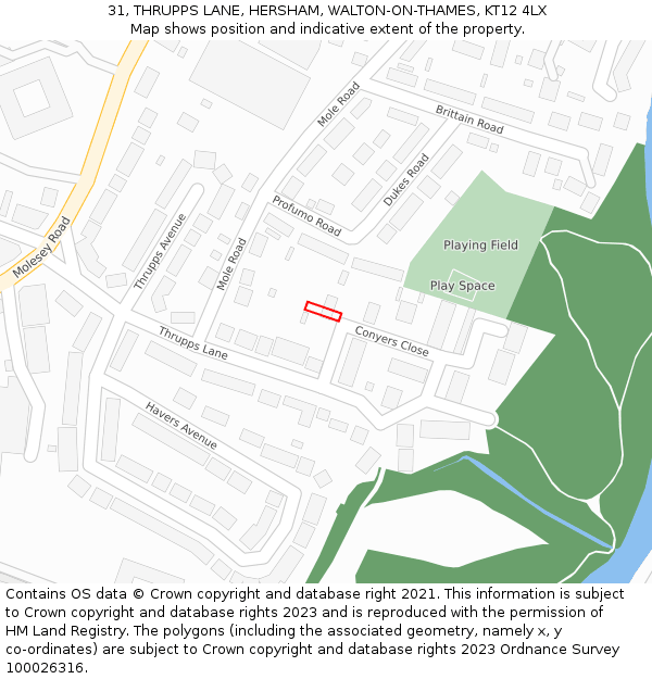 31, THRUPPS LANE, HERSHAM, WALTON-ON-THAMES, KT12 4LX: Location map and indicative extent of plot