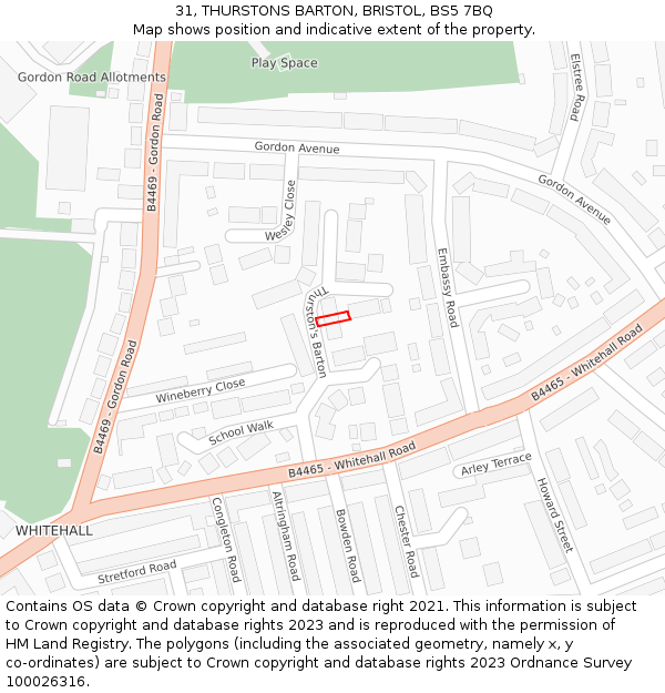 31, THURSTONS BARTON, BRISTOL, BS5 7BQ: Location map and indicative extent of plot