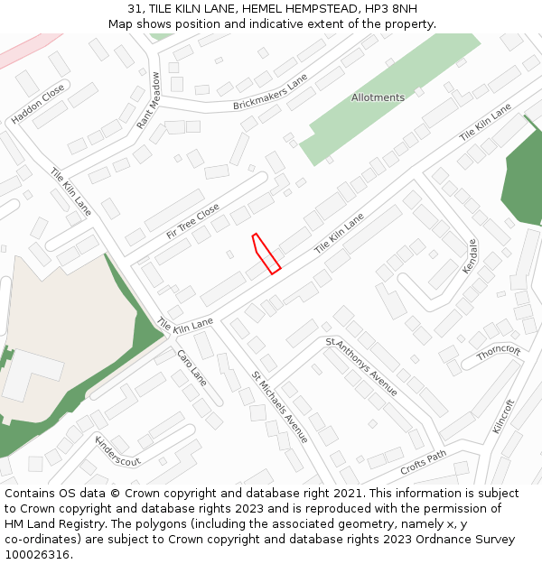 31, TILE KILN LANE, HEMEL HEMPSTEAD, HP3 8NH: Location map and indicative extent of plot