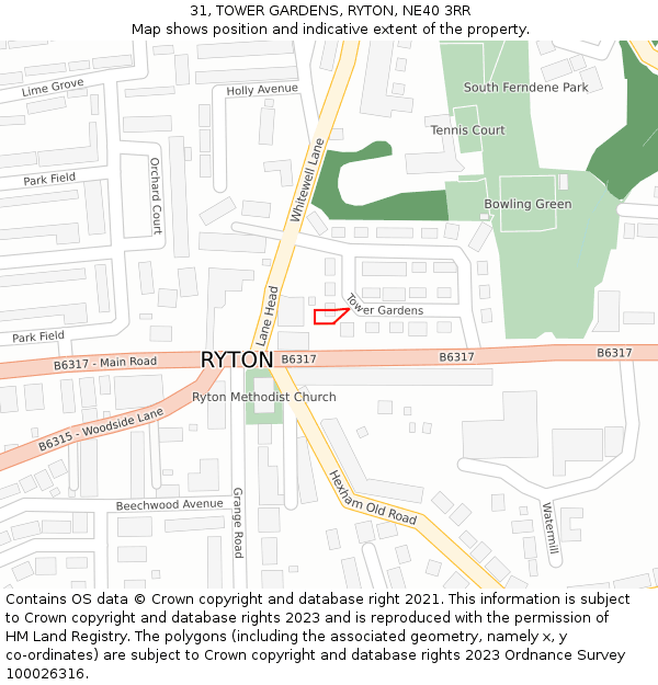 31, TOWER GARDENS, RYTON, NE40 3RR: Location map and indicative extent of plot