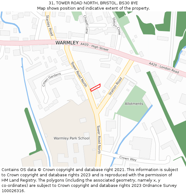 31, TOWER ROAD NORTH, BRISTOL, BS30 8YE: Location map and indicative extent of plot