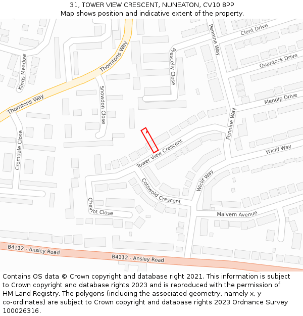 31, TOWER VIEW CRESCENT, NUNEATON, CV10 8PP: Location map and indicative extent of plot
