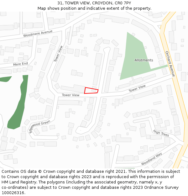 31, TOWER VIEW, CROYDON, CR0 7PY: Location map and indicative extent of plot
