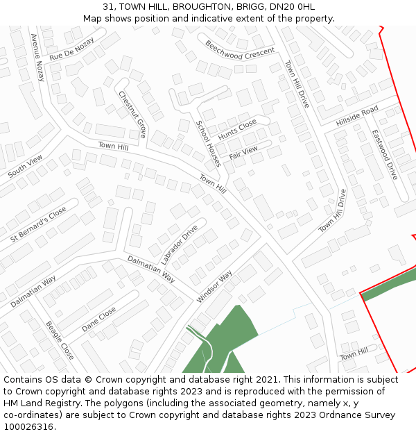 31, TOWN HILL, BROUGHTON, BRIGG, DN20 0HL: Location map and indicative extent of plot