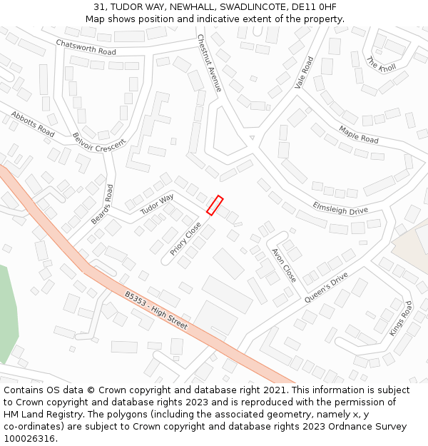 31, TUDOR WAY, NEWHALL, SWADLINCOTE, DE11 0HF: Location map and indicative extent of plot