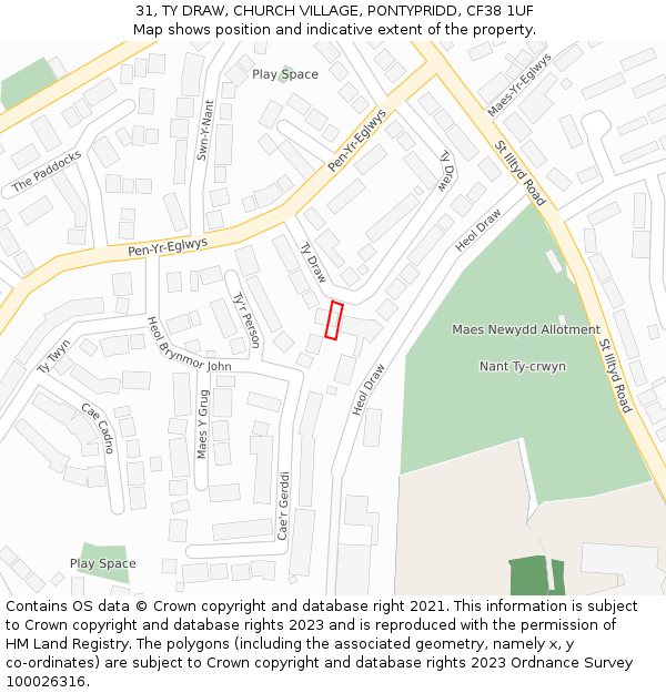 31, TY DRAW, CHURCH VILLAGE, PONTYPRIDD, CF38 1UF: Location map and indicative extent of plot