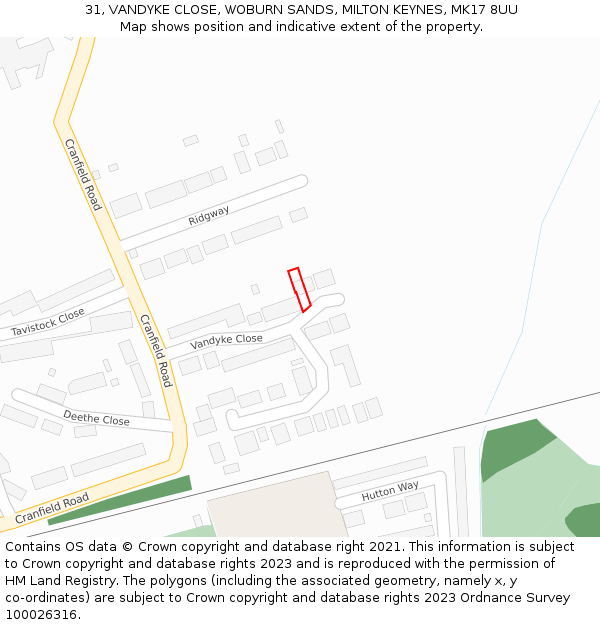 31, VANDYKE CLOSE, WOBURN SANDS, MILTON KEYNES, MK17 8UU: Location map and indicative extent of plot